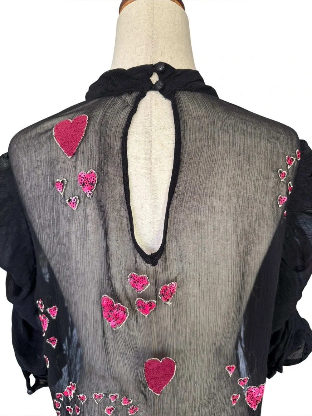 Free People “So in Love” Embroidered Heart Beaded Sheer Blouse Vintage 30s Style